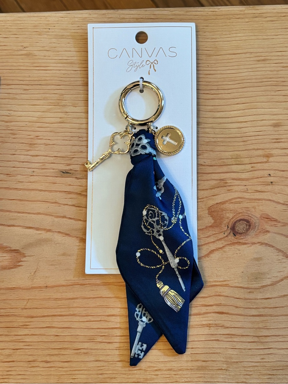 Canvas Style Navy Key Scarf Keychain with Gold Charms